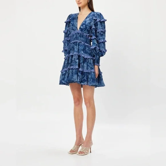 Elliatt Alvernia Ruffle Long Sleeve Mini Dress in Navy Blue Size XL